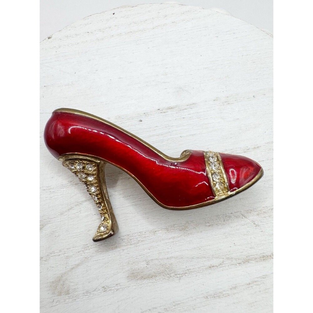 Vtg Ruby Slipper Red Enamel High Heel Shoe Brooch Pin Crystals Jeweled Stiletto